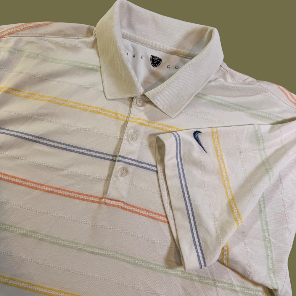 Nike Golf Polo Shirt Mens L White Striped Short Sleeve Country Club Athleisure
